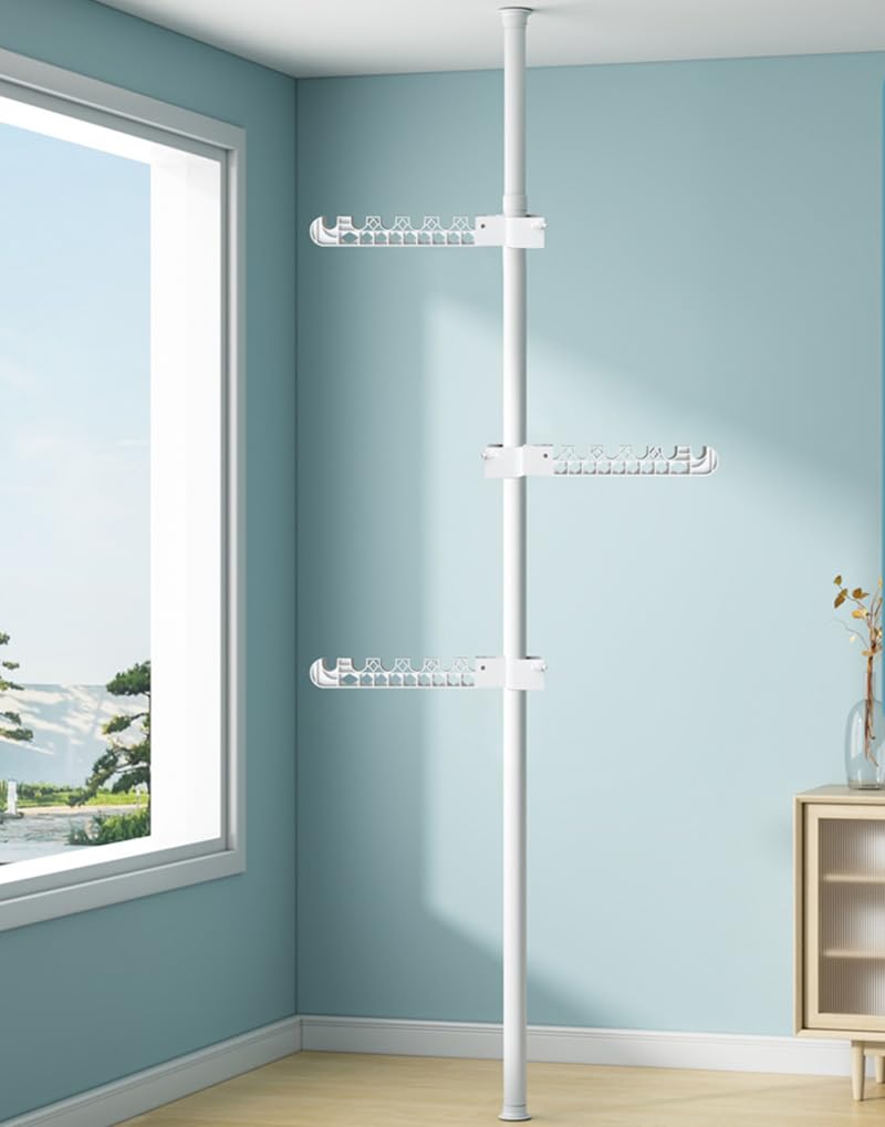 LIYIVNAA 3-Tier Clothes Drying Rack Adjustable Coat Hanger Garment Stand Floor to Ceiling Laundry Pole Tension Rod Storage Organizer for Hanging Clothing, Scarves, Hats, Bags, Purses 43.3''-122.04''