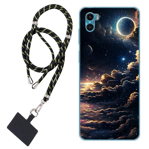 WUACYEAMING Carcasa para Móvil Compatible con Motorola Moto E22s Cover Funda Transparente para móvil con Dibujo TPU Nubes Paisaje cielo1*Cordón para Teléfono Ajustable