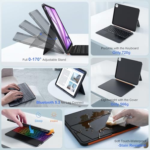 Image of WIWU for iPad Case Keyboard for Air 13 Inch M4 /M3 /M2 2026 /2025 /2024 Magnetic Detachable Keyboard Case Adjustable Stand 7 Colours Backlit Keys Trackpad (Black, for Air 13 inch(M3 /M2) Pro 12.9 inch 6 /5 /4 /3)