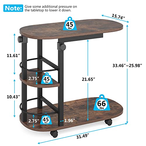 Tribesigns Side Table Height Adjustable C Table With Wheels, Overbed Bedside Table, Snack Table, Tv Tray With Storage Shelves, Chair-Side Table For Living Room Bedroom #TOP1