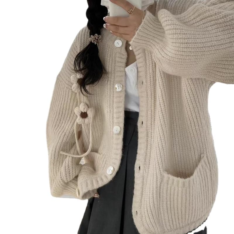 Women Kawaii Harajuku Sweater Coat Aesthetic Cute Coquette Cardigan Korean Casual Loose Fairy Alt Pullover Tops (Beige,One Size)