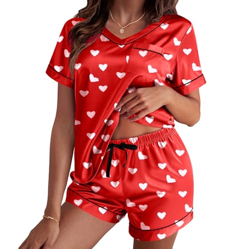 Image of Women Hearts Pajama Sets Satin Short-Sleeve Top and Shorts Set 2 Piece Loungewear Sleepwear