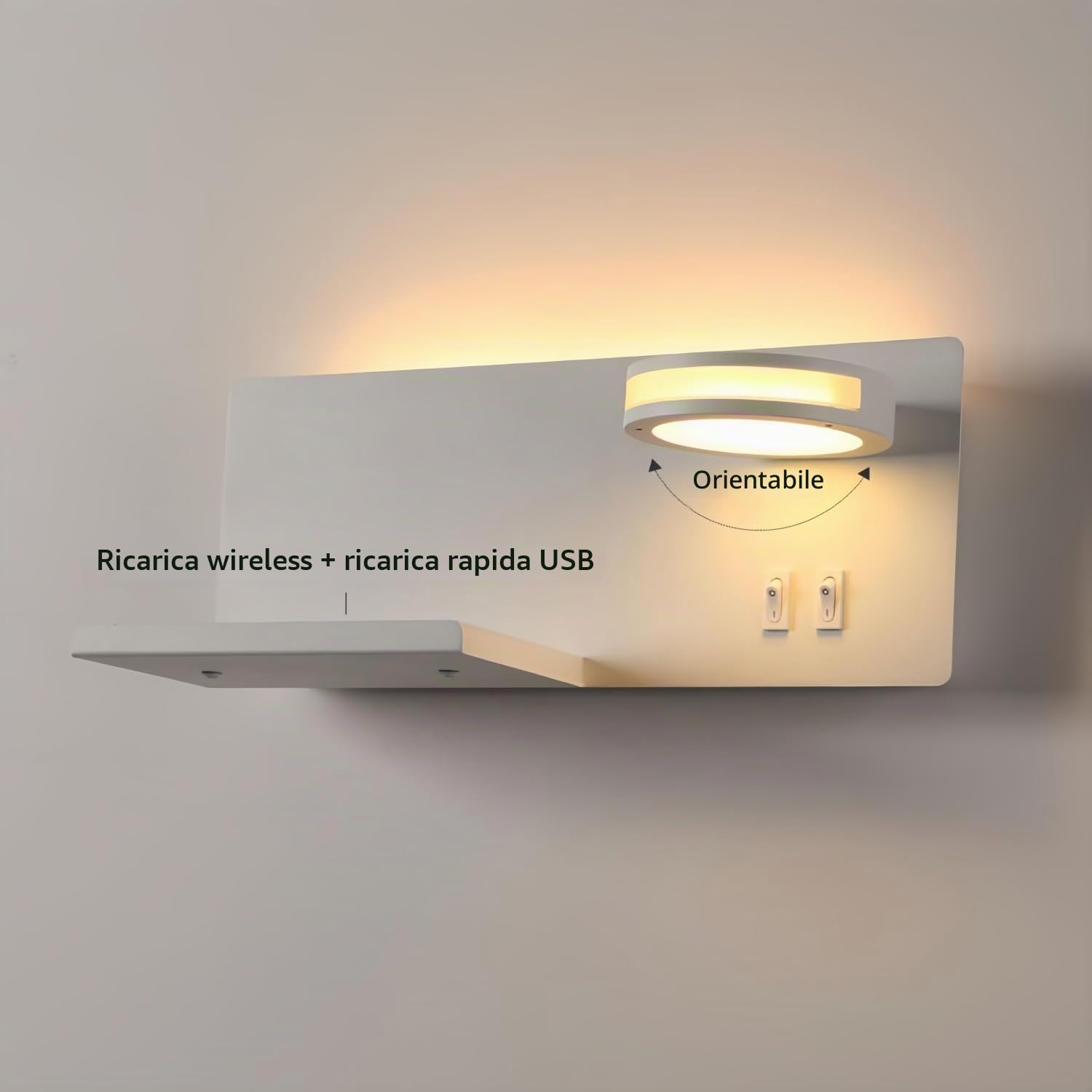 Lampada da Parete LED Moderna Ricarica Wireless e USB 30 cm x 12 cm Luce Notturna Orientabile per Camera da Letto Rotabile Applique Luce Notturna Illuminazioni per Pareti Bianco (A destra)
