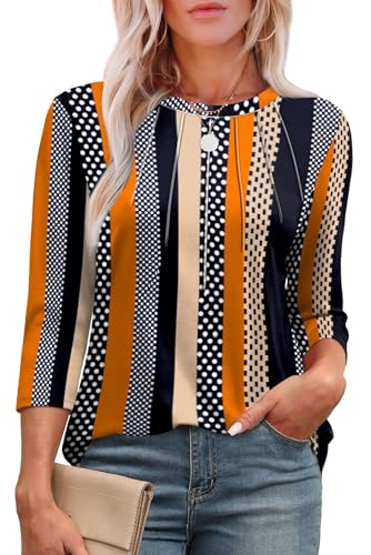 XIEERDUO Tunic Tops for Women Loose Fit Dressy Crewneck Pleated 3/4 Length Sleeve Blouses Business Casual School Outfits for Teachers Striped Summer Beach Vacation Clothes L