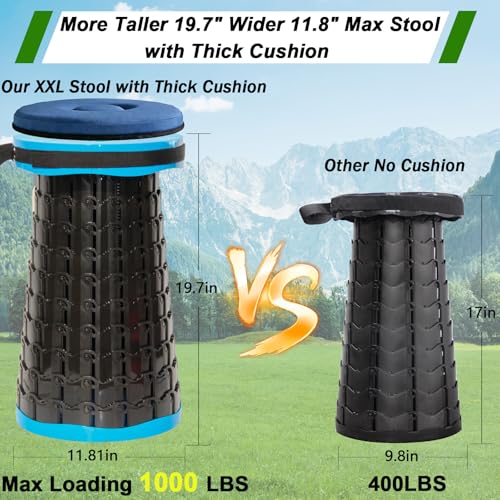 Image of 2026 Upgraded XXL Collapsible Stool with Thick Cushion,19.7 inchH-11.8 inchD Telescoping Folding Stool for Adults, More Sturdy Camping Stools with Load Capacity 1000lbs for Outdoor,Garden,Fishing,Hiking