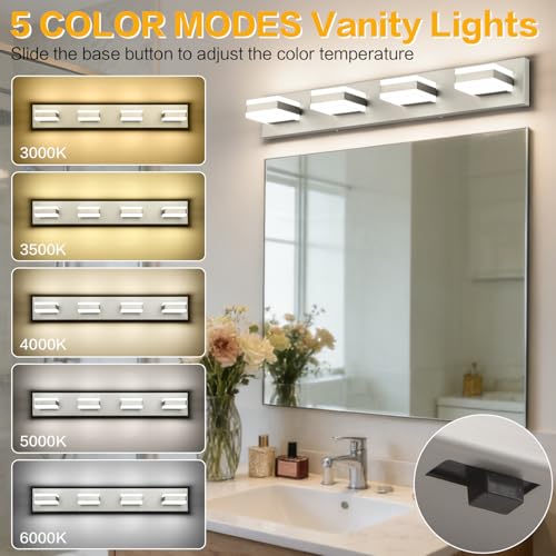 Image of SOLFART Bathroom Vanity Lights, Adjustable Brushed Nickel Vanity Light for Bathroom,LED Light Fixtures Over Mirror,5 Color Temperature 4 Lights 5CCT
