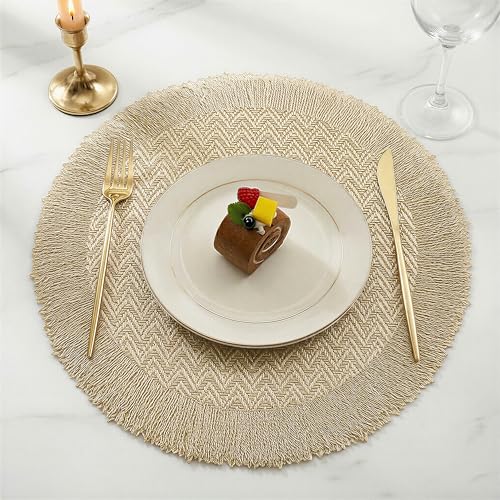 Image of Yellow Weaves 1 Pc PVC Round Table Placemat, Dining Table Mat, Stain Resistant, Anti-Skid, Waterproof, Washable, Dining, Kitchen, Restaurant Table Set Easy to Clean, Durable (Zig Zag Golden)