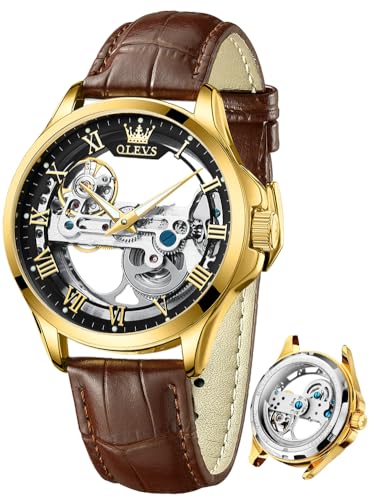 Image of OLEVS Mechanical Dress Mens Watches Square Brown Leather Strap Moon Phase Skeleton Tourbillion Day Date Waterproof Luminous Men's Wrist Watches