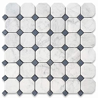 Stone Center Online Carrara White Marble 2 inch Octagon Mosaic Tile w/Nero Marquina Black Dots Tumbled Kitchen Bath Wall Floor Backsplash Shower (1 Sheet)