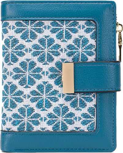Blue RFID Blocking Wallet for Women Small Leather Coin Purse with Flower Design Minimalist Credit Card Holder and ID Window Cute Travel Cash Wallet for Women - Main Image