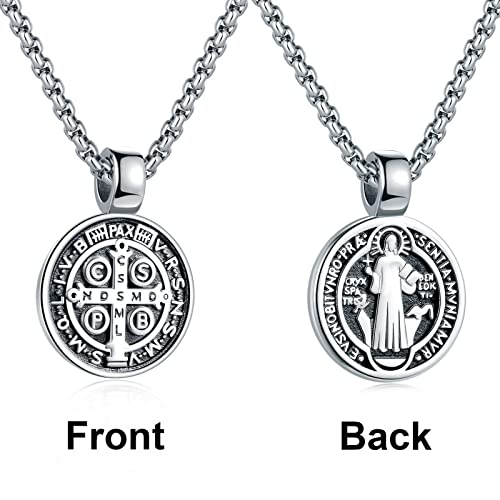 St Benedict Exorcism Medal Pendant Necklace Men's Stainless Steel Catholic Roman Patron Saint Pendant, Round Antiqued Religious Cross Protector Talisman Pendant2