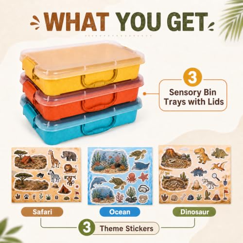 Image of FIIOEOY 3 Pack 4 Qt Sensory Bin with Lid & 3 Stickers,Stackable Sensory Bin | Wheat Straw, Portable Sandbox, Organizers for Toys, Sand, Arts, Crafts, (Yellow, Orange, Blue)