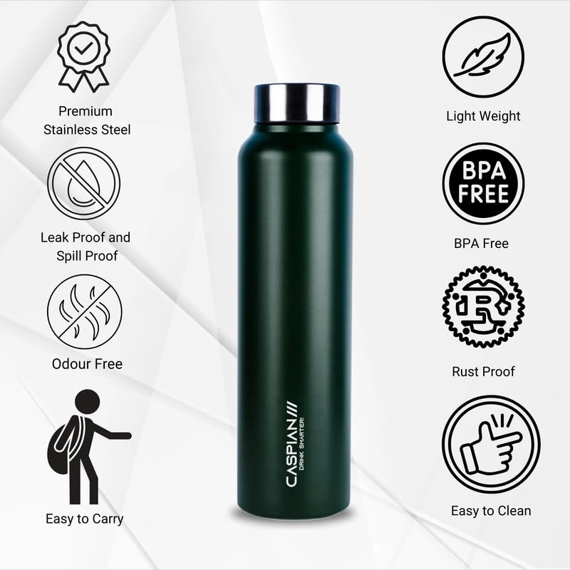 Image of CASPIAN / / / Astra Stainless Steel Water Bottle 1 ltr (Litre) for Fridge, Home, Office, School, Gym-Ideal for Adults, Men, Women, Kids, Boys, Girls-1000ml Leakproof, Rust free, Set of 3, Forest Green