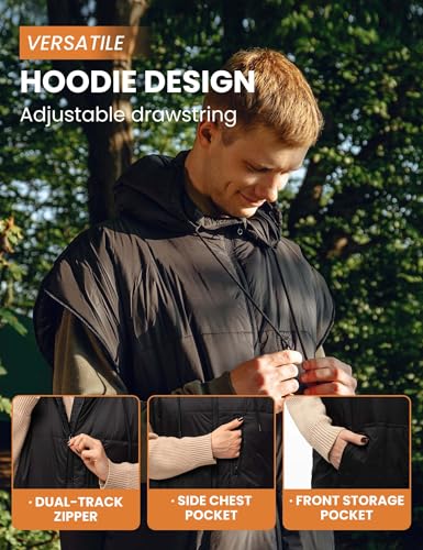 Bolsa de dormir ponible para adultos con capucha, diseño sin mangas, cordón ajustable y cierre impermeable ideal para camping y clima frío miniatura 2