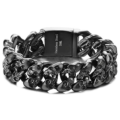 COOLSTEELANDBEYOND Mens Steel Vintage Twisted Braided Link Chain Bracelet with Skulls, Spring Clasp, Gothic Biker
