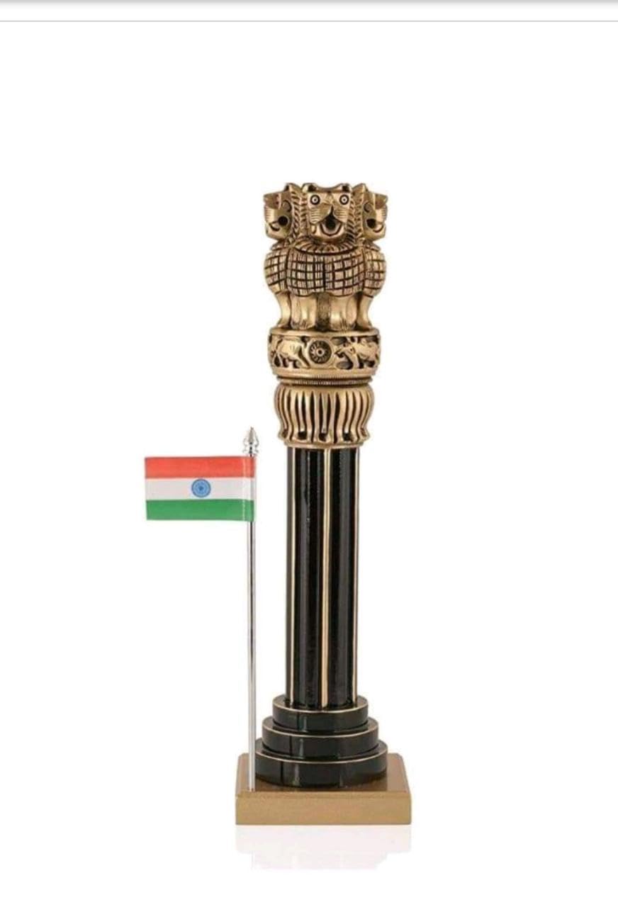 Wooden Ashoka Chakra Pillar Showpiece with National Flag | Desk & Home Decor | Indian Office & Study Table Decoration.