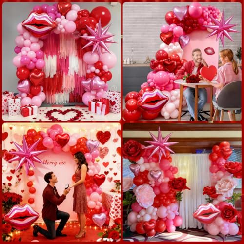 Image of Valentines Day Balloon Arch Kit Hot Pink Red Balloon Garland with Lip Heart Star Foil Balloons Rose Red Baby Light Pink Galentines Party Decorations for Proposal Engagement Wedding Mothers, 97Pcs