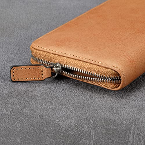 Image of HISCOW Leather Checkbook Cover, Zippered Wallet, Aniline Leather Tan | Full grain cowhide, 5cc & ID window, personal check book & register pockets, removable duplicate divider, women secure zipper
