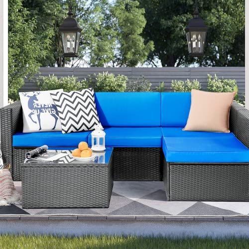 Waleaf 5 Pieces Outdoor Furniture Rattan Sectional Patio Sofa, Outdoor Indoor Backyard Porch Garden Poolside Balcony Wicker Conversation Set With Table (Dark Blue) #TOP5