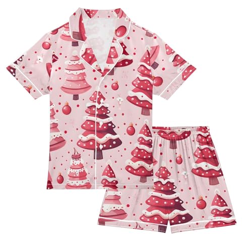 Satin Pajama Sets Short Sleeve Christmas Trees Pattern in Pink Button Down Silky Nightwear 2 Piece PJS 5-14Y
