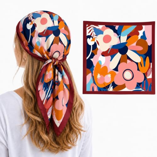 Image of Satin Square Head Scarf for Women, Floral Printed