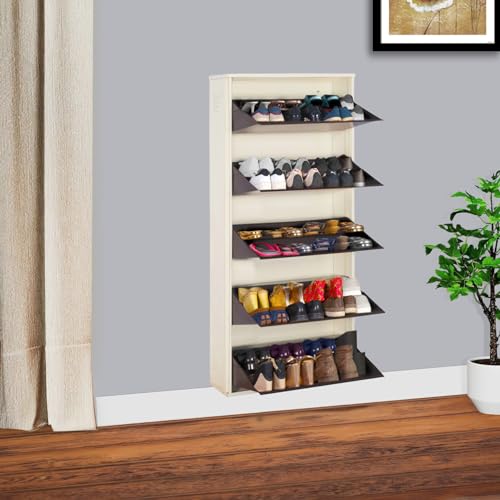 Image of DELITE KOM 29 inch Wide, 10 Shelf Metal Shoe Rack Wall Mounted for Home with Central Lock Holds Upto 36 Shoes or 60 Slippers Pair | Double Decker, 1Yr Warranty, (67x29x8,Ivory Coffee), DIY, Space Saver