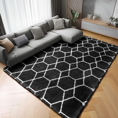 Image of Area Rugs for Living Room, 5x8 Fluffy Black and White Bedroom Geometric Rug