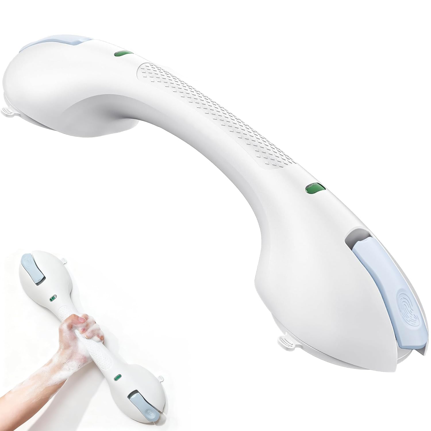 Barra di supporto doccia senza fori con ventosa, 120 kg, per anziani, indicatore di sicurezza colorato, removibile, impermeabile, per bagno e vasca da bagno, 44 cm, Blu