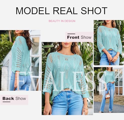 Image of EVALESS Womens Crochet Hollow Out Knit Tops Half Sleeve Spring Summer Sweaters Beach Cover Ups for Women Trendy 2026