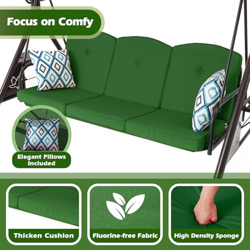 Image of ZZW 800LBS Patio Swing with Canopy 3 Seat Outdoor Porch Swing with Stand w /Cup Holder & Pillow Glider Chair Swing Bed for Patio Backyard Poolside (Green)