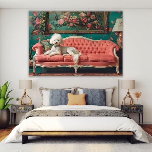 Cuadro de caniche divertido para dar un toque vintage y floral al baño, lienzo coral de 40x60cm 4