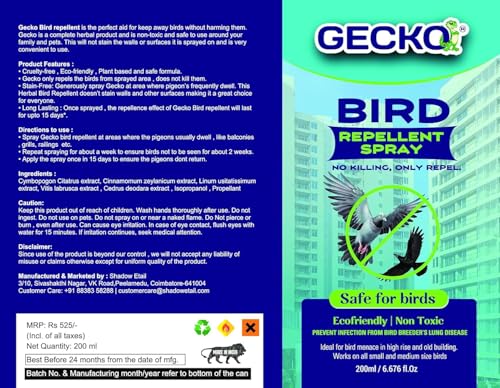 Image of Gecko Bird Repellent Spray for Home & Office | Non-Toxic Pigeon Repellent | Safe Bird Control Solution | Only Repels | Easy-to-Use Spray - Pack of 1 (200 ML) - FORMULATION 20X