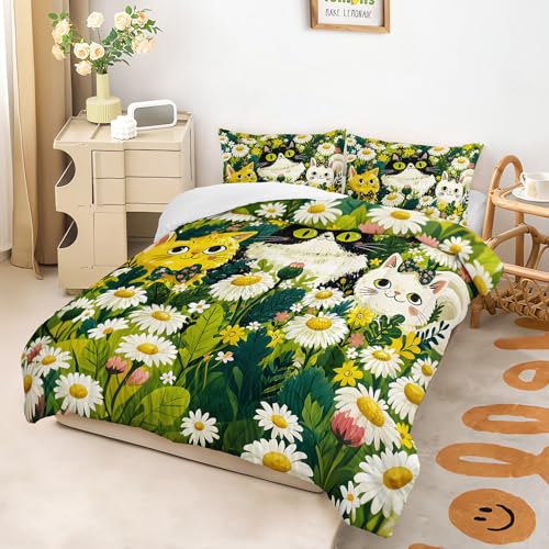 Image of AILONEN Daisy Cat Comforter Full 3 Piece Bedding Set Tuxedo Ginger Kitten Floral Field Meadow Quilt Teens Girls Aesthetic Botanical Room Decor Soft Pet Animal Coverlet