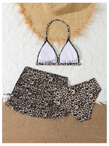Floerns Girl's 3 Piece Swimsuit Cheetah Halter Bathing Suit and Beach Skirt Set2