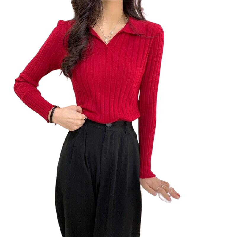 mystify Long-Sleeve Collared Plain Ribbed Slim Fit Knit Top-picture-15