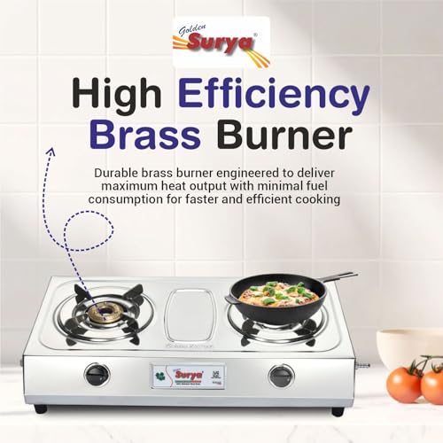 Image of Golden Surya 2 Burner LPG Gas Stove with High Efficiency Burners, Stainless Steel Body, Heavy MS Pan Support, Manual Ignition, ISI Certified (large)