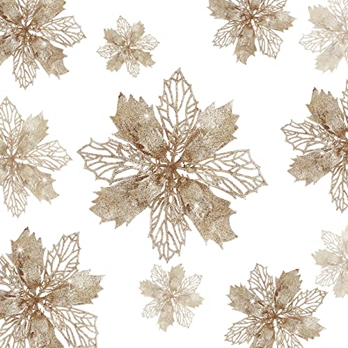 36pcs Glitter Poinsettia Flowers Artificial - Champagne Poinsettia Christmas Tree Decorations Flowers Ornaments for Xmas Holiday Wedding Wreath Home Decor (Champagne,3 Size)