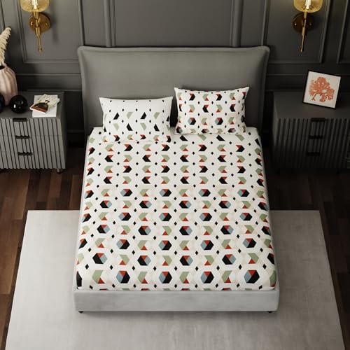 Image of BLISSHOME SoftTouch 150TC Cotton King Size Fitted Bedsheet with 2 Pillow Covers, Silky Smooth Bedding Set, Breathable, Easy Maintain, Geometric Pattern - Cream (183cm x 198cm + 25cm Drop)
