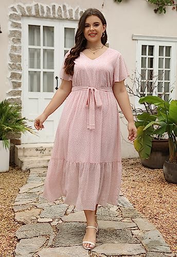 Image of Nemidor Plus Size Women Casual Maxi Dresses Print Bobo Belted Layered Chiffon Summer Long Dress with Ruffle Sleeve