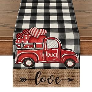 Artoid Mode Watercolor Buffalo Plaid Hearts Truck Love Valentine’s Day Table Runner, Anniversary Wedding Kitchen Dining Table Decoration for Indoor Outdoor Home Decor 13 x 72 Inch