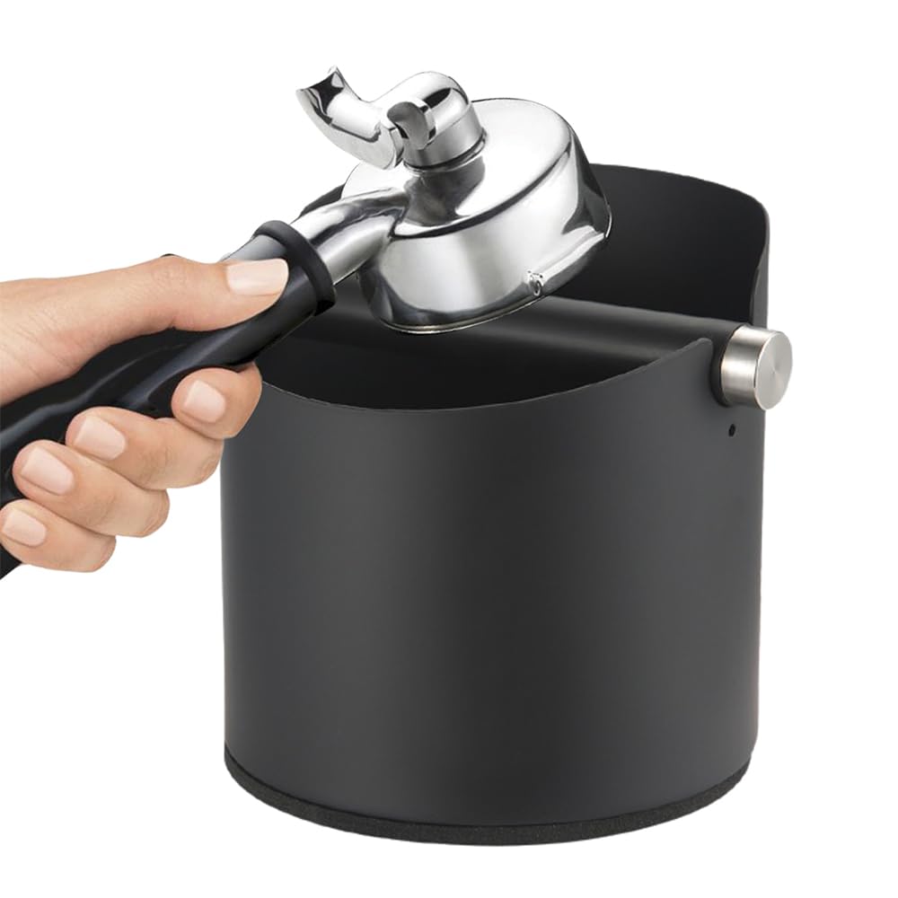 FUYTERYEspresso Knock Box,Stainless Steel Circular Small Household Coffee Grounds Bucket, With Removable Knock Bar And Non-Slip Rubber Grip Base (Black)