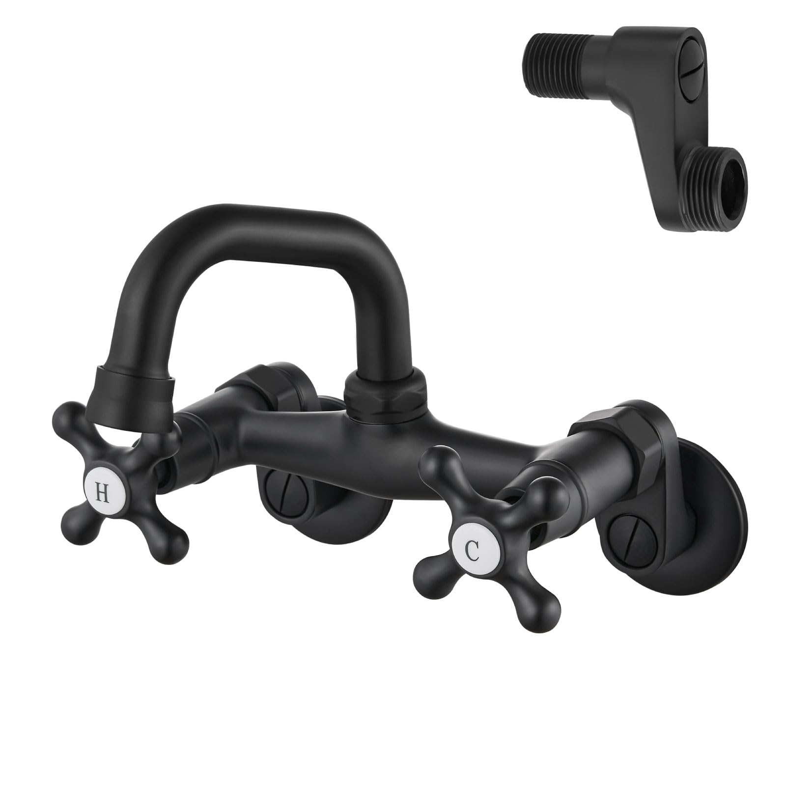 Airuida Matte Black Wall Mount Kitchen Faucet 4 Inch(10cm) Spout Reach Adjustable Center Double Cross Handles Mixer Tap 360 Rotatable Wall Mounted Faucet for Commercial Utility Laundry Restaurant