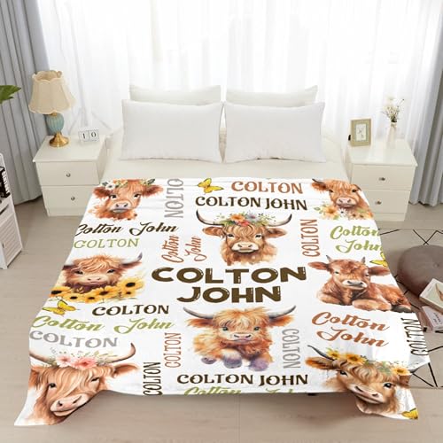 Image of Custom Name Blanket with Cow Pattern, Highland Cow Custom Name Gifts for Boys Girls,Soft Flannel Butterfly Sunflower Print Throw Stuff for Bedroom Sofa Chair Decoration,60 inchx80 inch for Adults