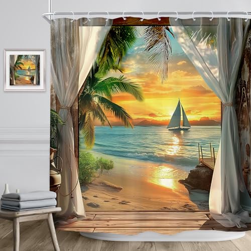 Image of Riyidecor Beach Shower Curtain 72Wx72H Inch Coastal Sunset Beachy Seaside Ocean Sea Hawaiian Tropical Palm Tree Scenery Barn Door Summer Bathroom Decor Fabric Polyester Waterproof 12 Pack Hooks