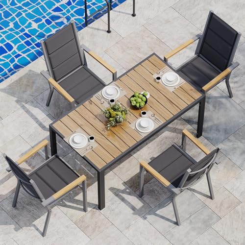 JUMMICO Gartenmöbel Set Terrassen Set Aluminium Gestell mit Holzoptik PS Tischplatte Komfortabler Hochlehner Einfach Montiert,4 Personen Set