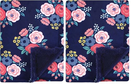 Image of Hudson Baby Infant Girl Plush Blanket with Furry Binding and Back, Navy Bold Floral, One Size (Pack of 2)