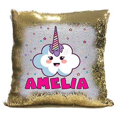 Personalised - MAGIC SEQUIN Unicorn Cushion Gold and White Sequin Cushion Cover