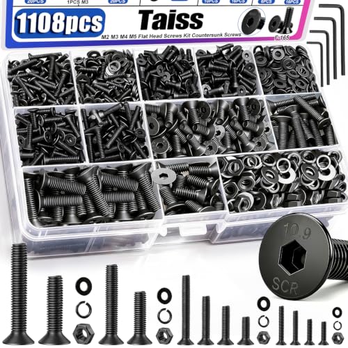 Taiss 1108PCS M2 M3 M4 M5 Screw Kit,Flat Head Metric Bolt Assortment