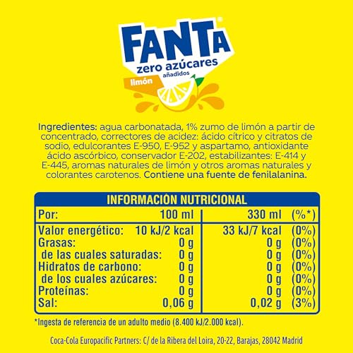 Miniatura 2 de Fanta Limón Zero Azúcar, Refresco de Limón Elaborado a partir de Zumo, Bajo en Calorías- Lata 330 ml Pack de 24