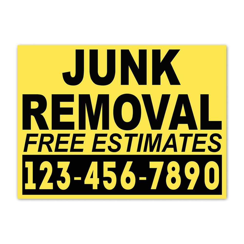 18x24" Custom Yard Signs Junk Removal Template Add Your Number, Printed Front & Back, Waterproof Plastic with Metal Sign-Stakes (Yellow)